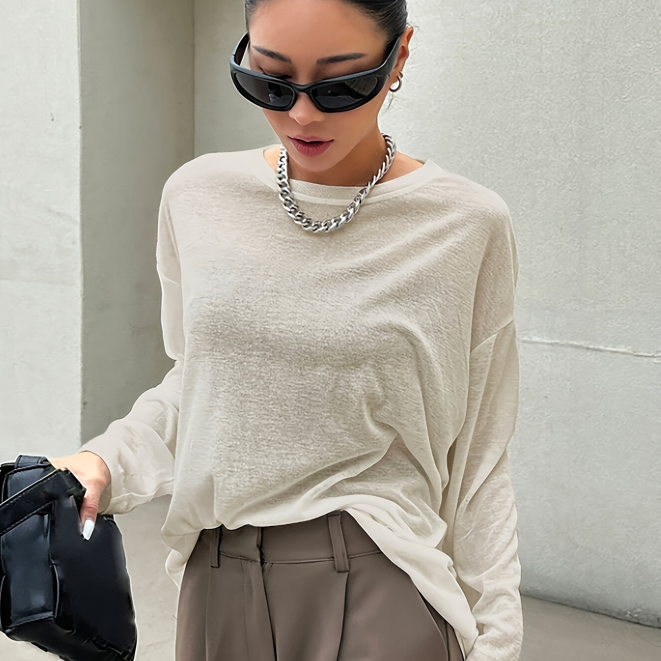 

Women's Lightweight Sheer Casual T-shirt - Long Sleeve, Crew Neck, Sun Protection, Breathable Polyester - Summer