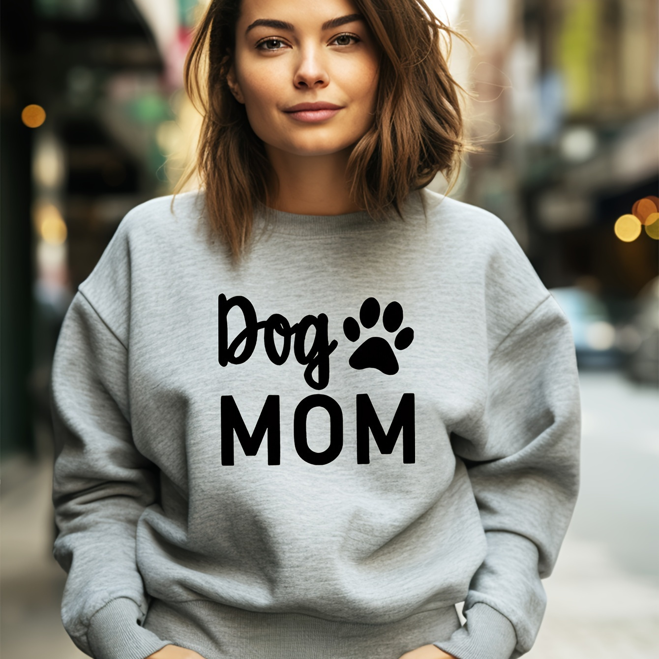 

Dog Mom & Paw Print Fleece Round Neck Sweatshirt, Versatile Long Sleeve Pullover Sports Sweatshirt, Women's Clothing