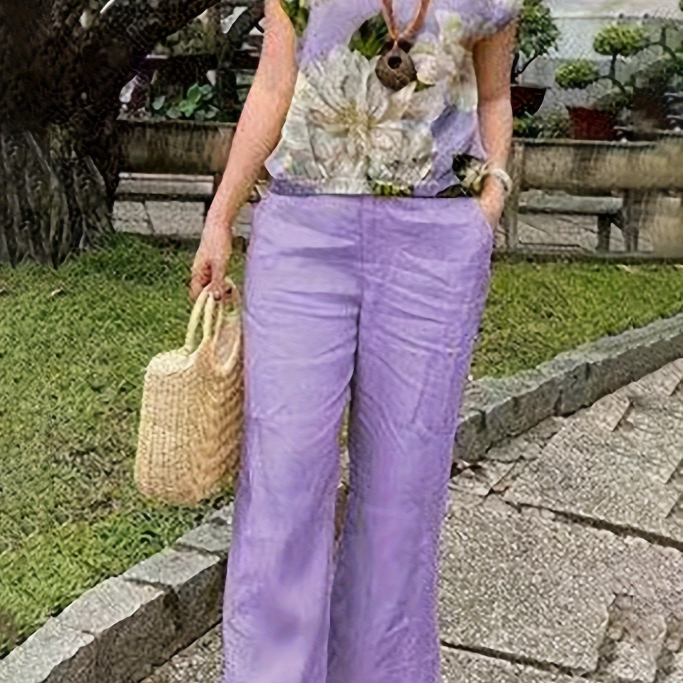 

Vintage Summer Pants Set, Floral Print Crew Neck Batwing Sleeve Top & Elastic Waist Solid Color Pants, Women's Clothing