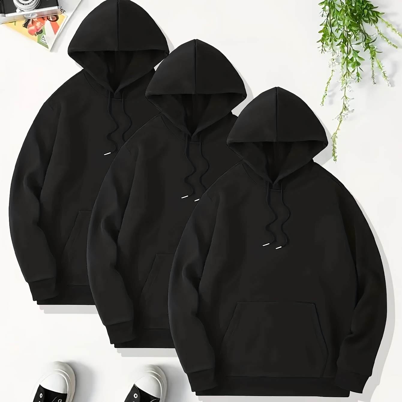 

3pcs Hoodies Set For Men, Men's Casual Solid Basic Hooded Sweatshirt Streetwear For Winter Fall, As Gifts
