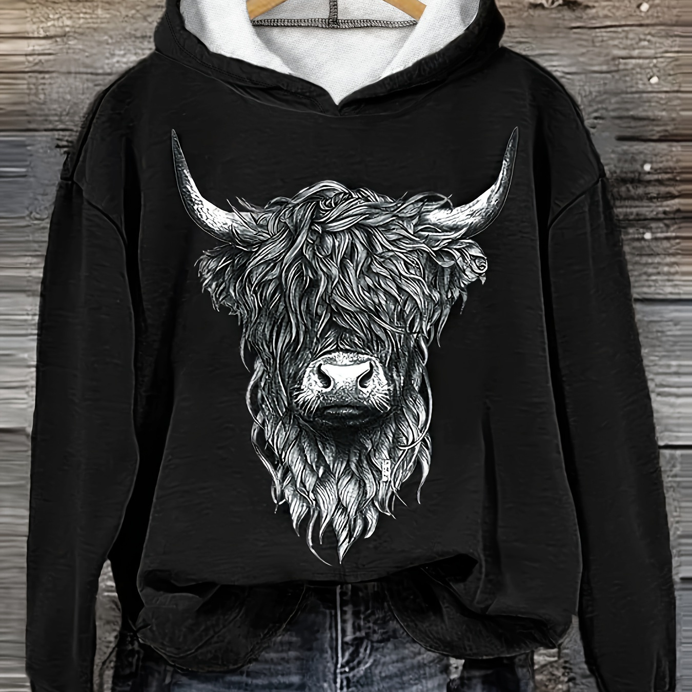 

Plus Size Animal Print Hoodie - Casual Polyester 100% Knit Pullover With Hood, Medium Stretch Regular Length Sweatshirt For Spring/fall - Highland Cow Graphic