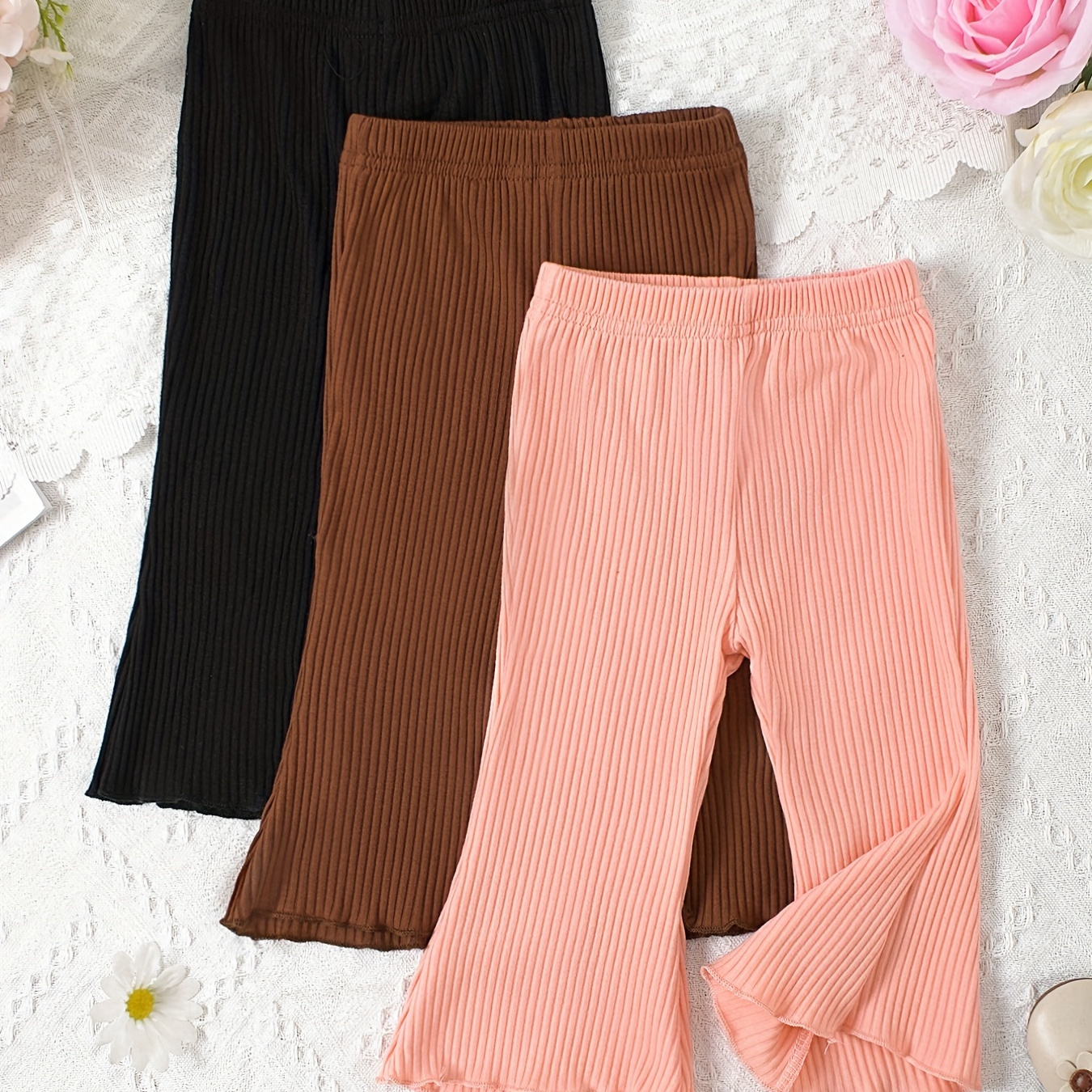 

Baby Flared Pants Girls Elastic Ruffle Trim Casual Trousers 3pcs Set Spring And Autumn Clothes