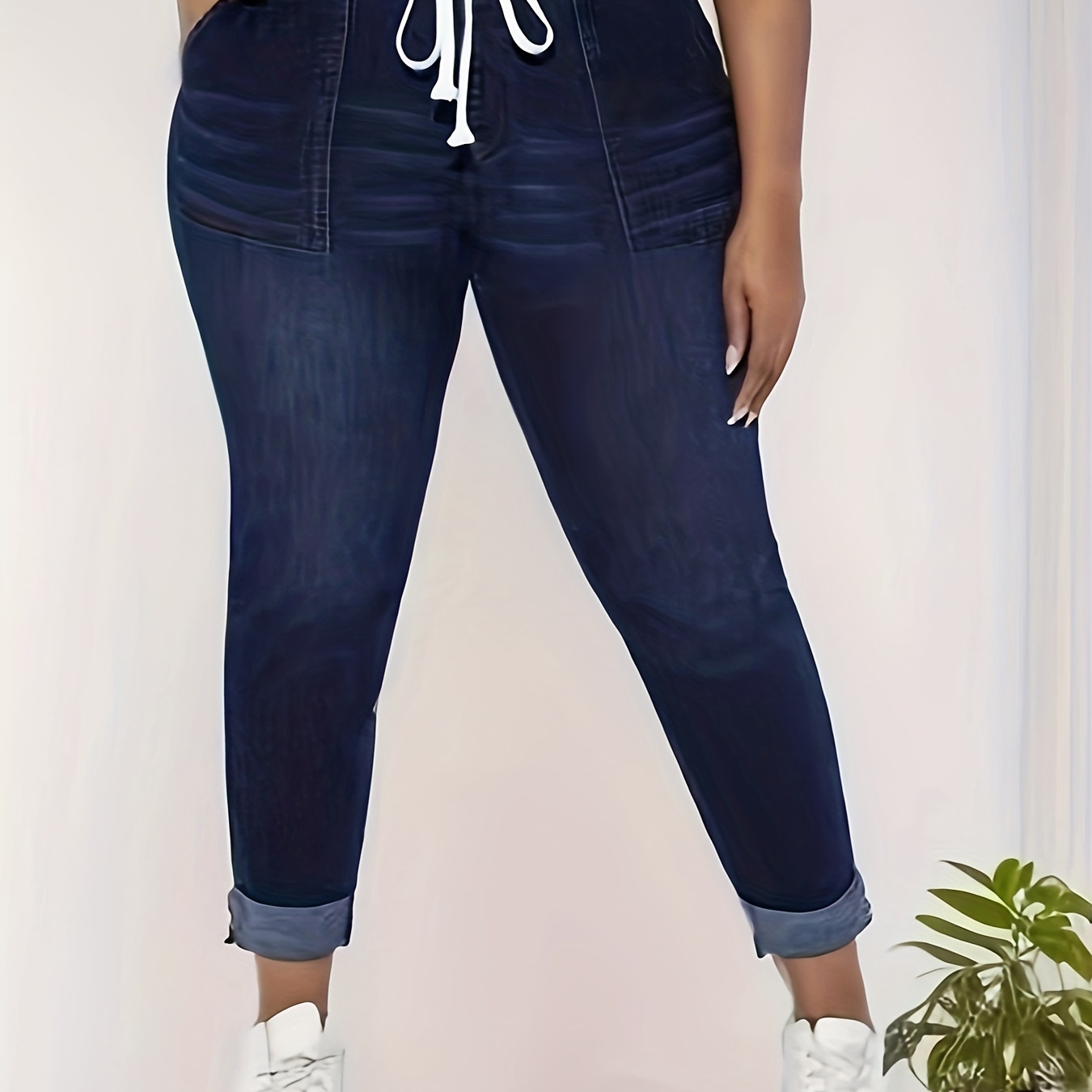 

Women's Casual Jeans, Plus Size Drawstring Waist Rolled Hem Slash Pocket Whiskering High Stretch Denim Pants