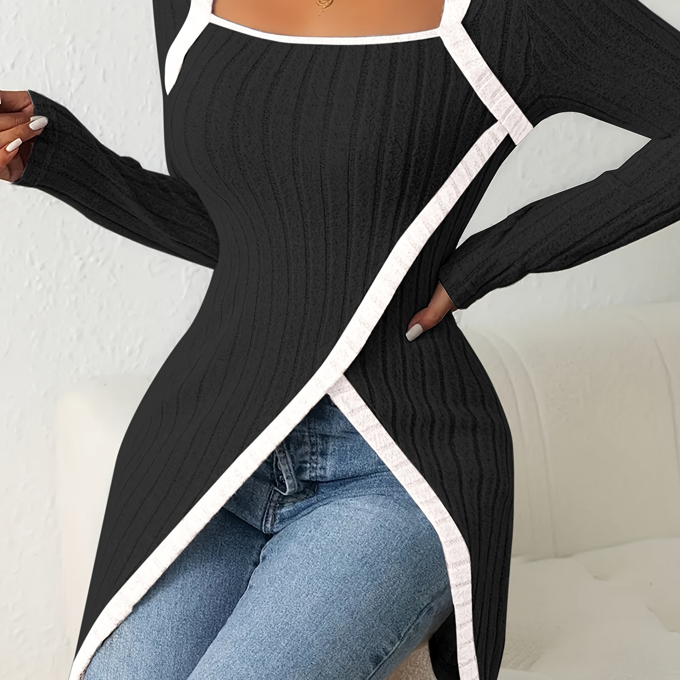 

Elegant Long Sleeve T-shirt For Women - Square Neck, Stretchy Polyester , Machine Washable - Spring & Fall