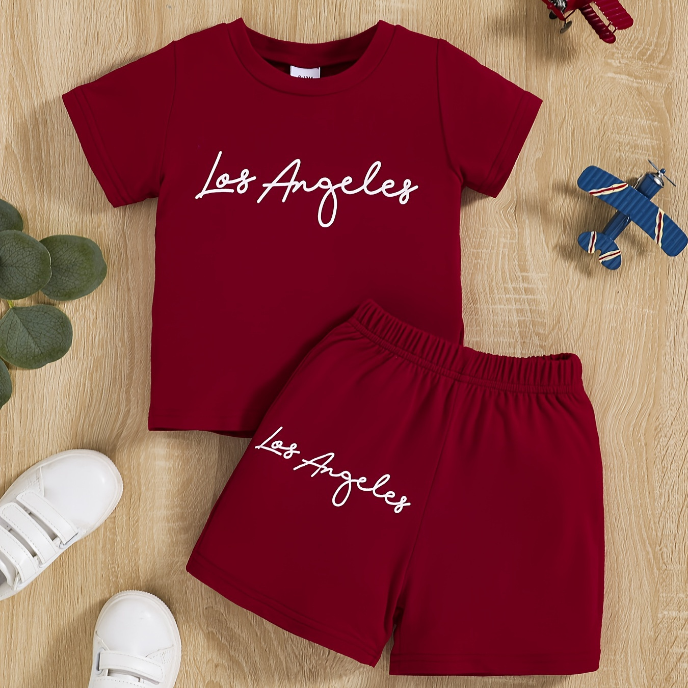 

2pcs Baby Boys Casual Set, Pop "los Angeles" Round Neck T-shirt & Shorts Set, Kids Clothes For Summer