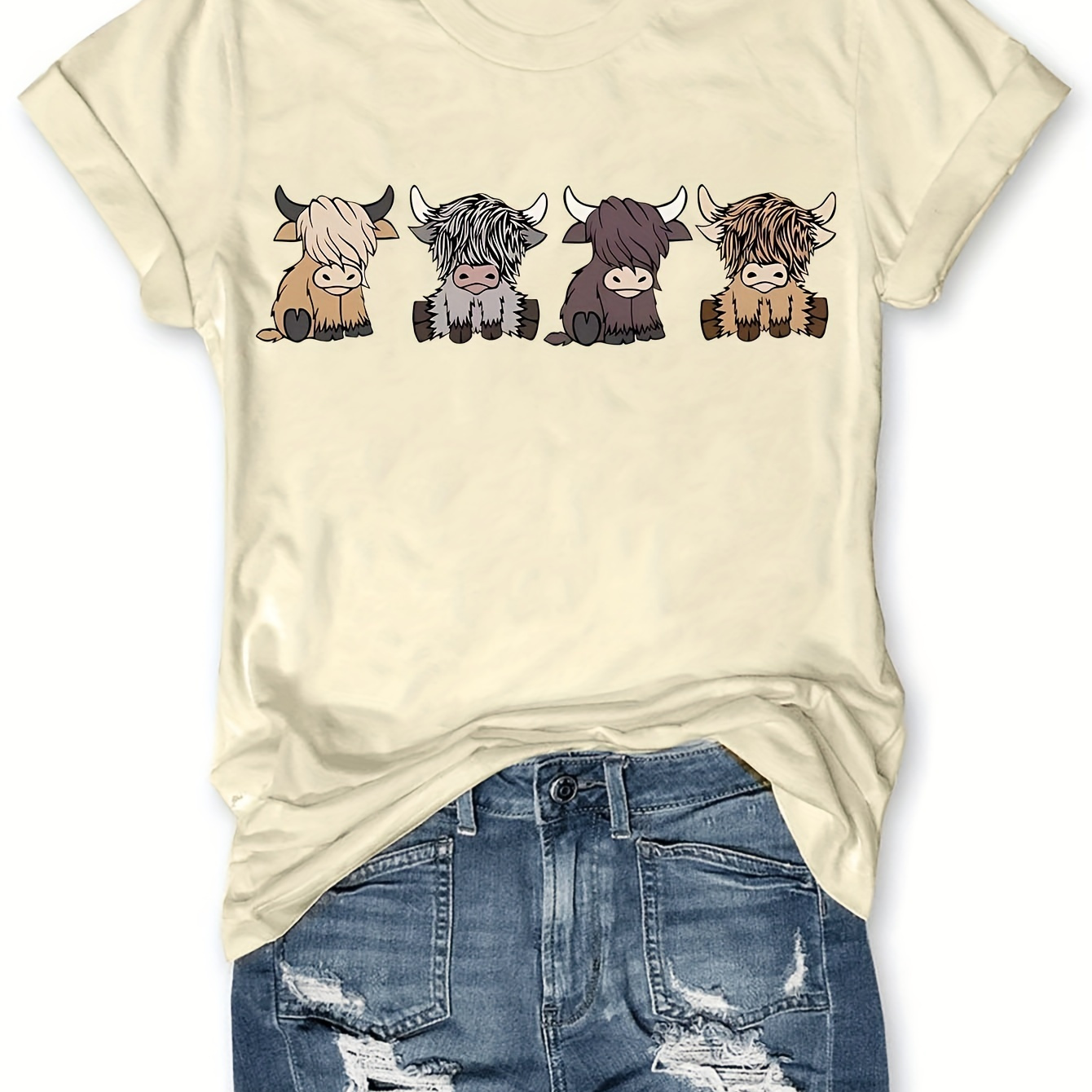 

Cow Print Casual T-shirt, Crew Neck Short Sleeve Top For Spring & Summer, Women's Clothing