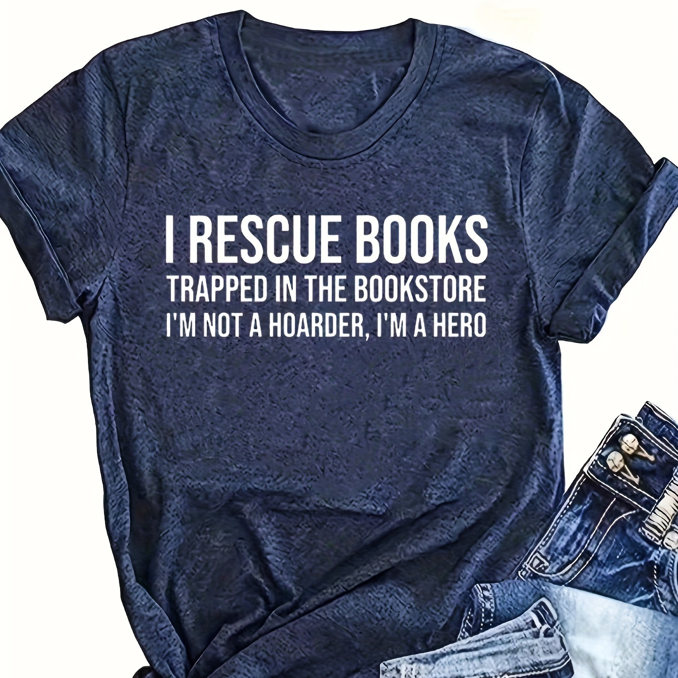 

I Rescue Books" Humorous Women's T-shirt - Casual Fit, Soft Polyester , Short Sleeve, Round Neck, Machine Washable - Navy Blue With Distressed Denim Look