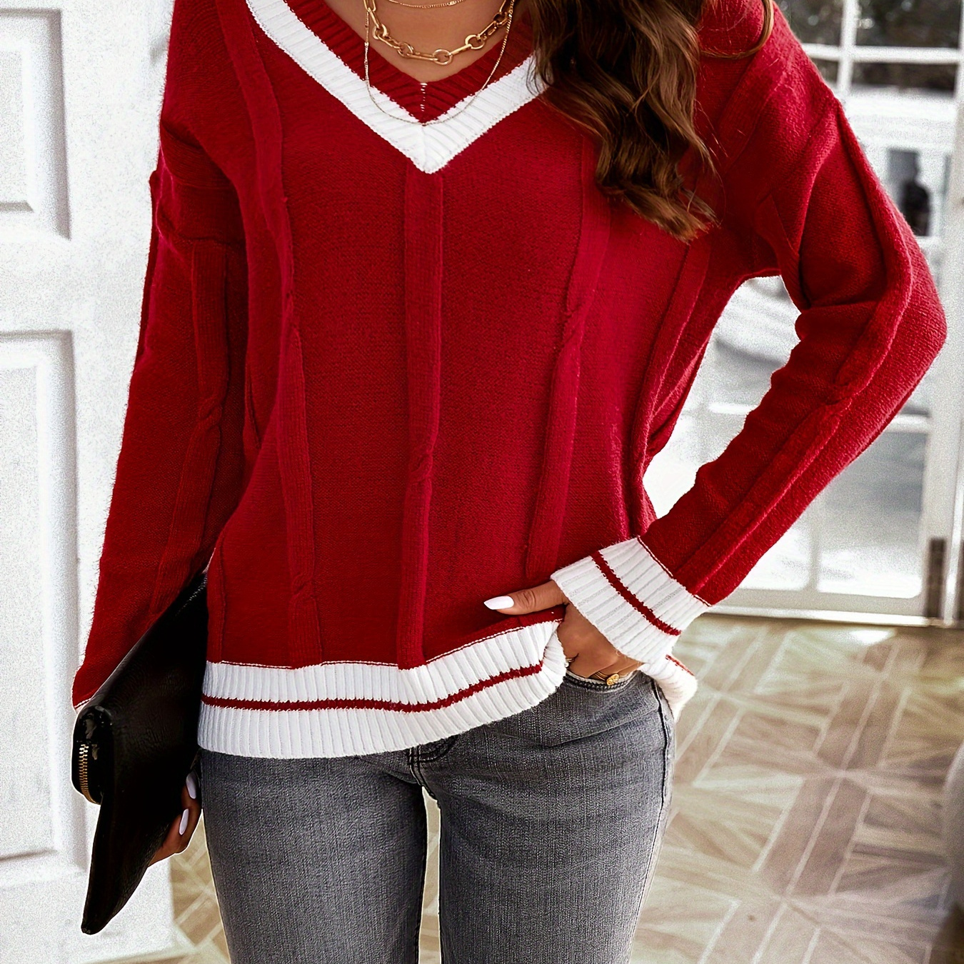 

Color Block V Neck Pullover Sweater, Casual Long Sleeve Drop Shoulder Sweater, Women's Clothing