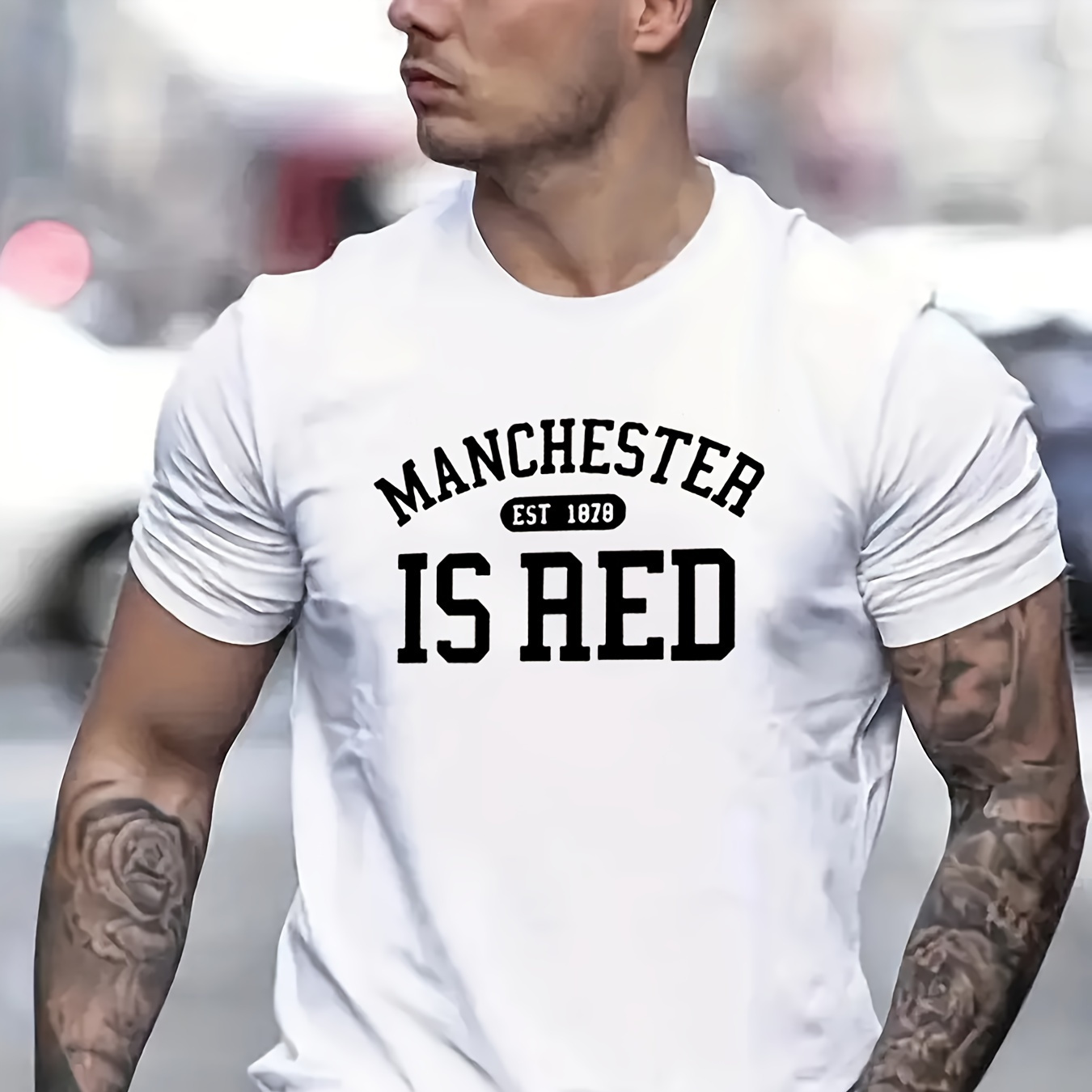 

Men's Casual Cotton Short Sleeve, Stylish T-shirt With "manchester Is Aed"creative Print, Summer Fashion Top, Crew Neck Tee-shirt For Male