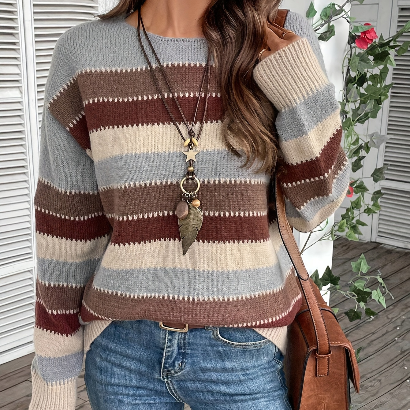 

Striped Crew Neck Knitted Sweater, Casual Long Sleeve Pullover Sweater For Fall & Winter, Women's Clothing