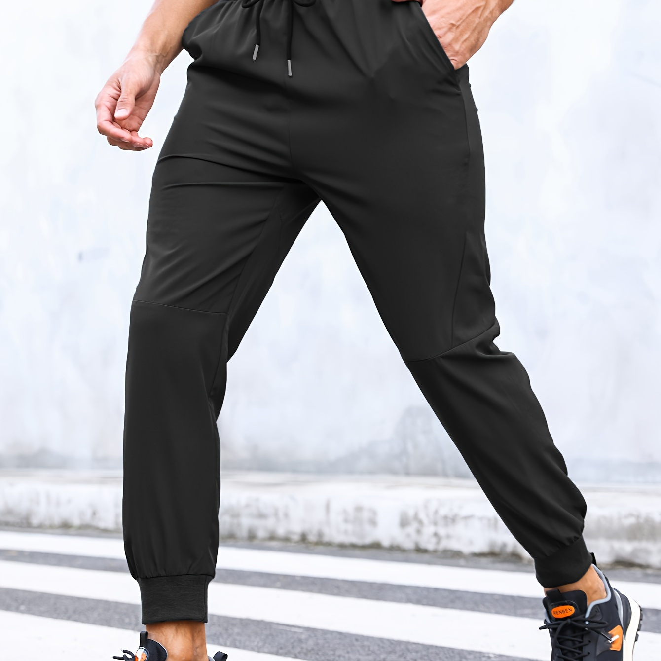 

Solid Thin Men's Sports Drawstring Long Sweatpants With Pockets For Running Jogging Hiking, Spring Fall