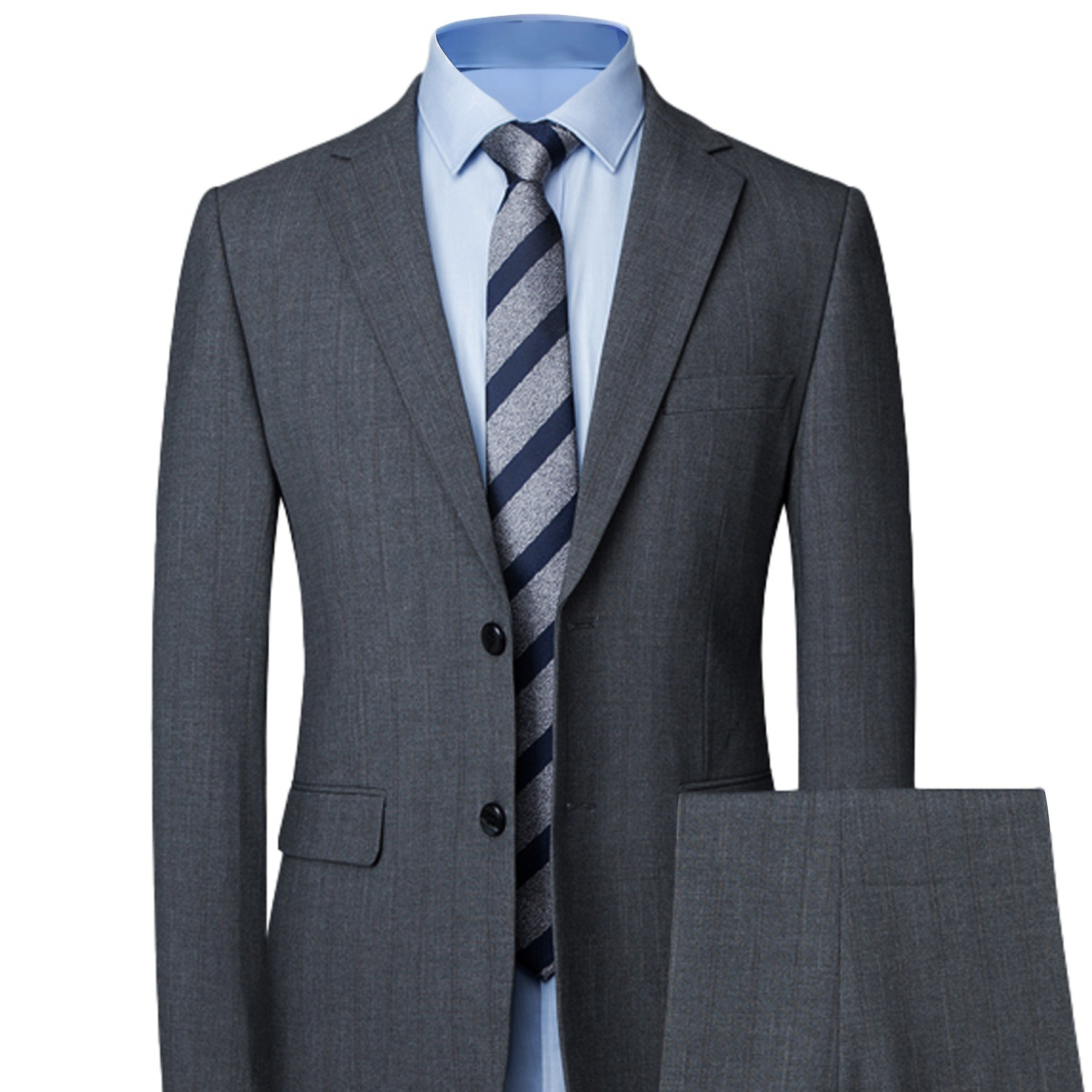 

's 2-piece Grey Suit Set, 2-button Blazer And Trousers, Formal Wedding Party, Lightweight Polyester, Striped Pattern, Regular Fit, No Belt, All