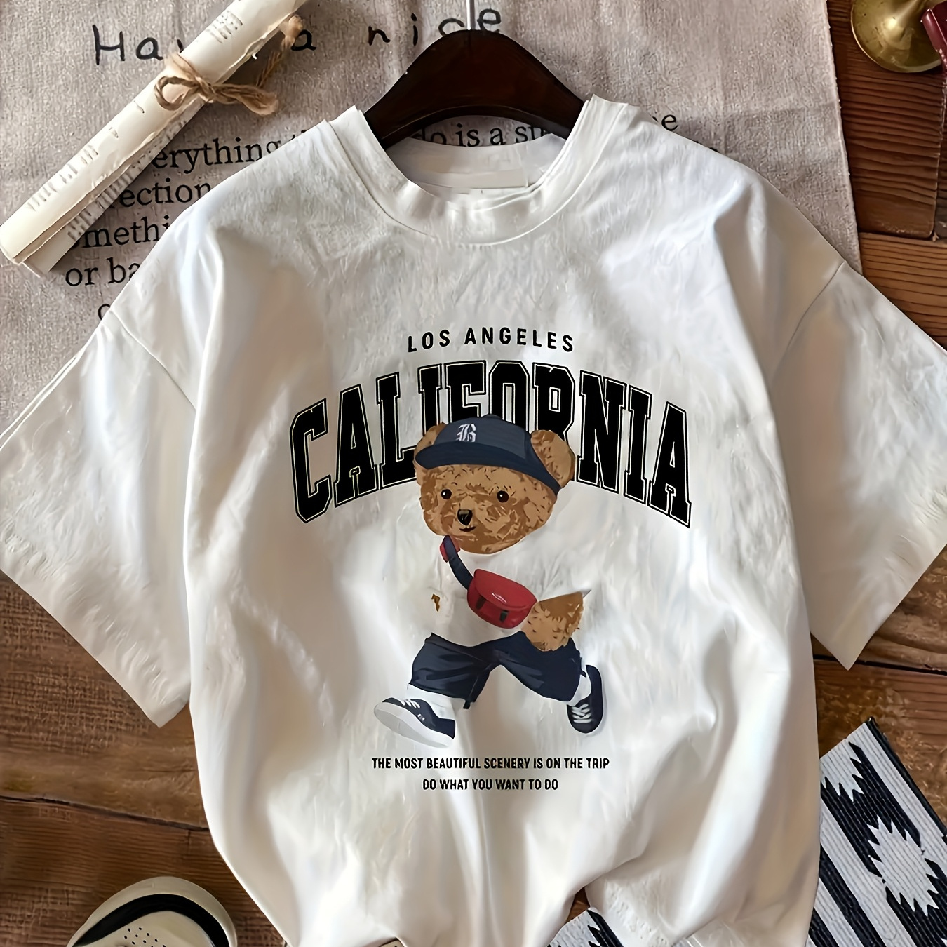 

1pc Women's Casual Crew Neck T-shirt With Teddy Bear & Baseball Cap Print, Polyester 95% Elastane 5%, Classic Design, , Short Sleeve Top