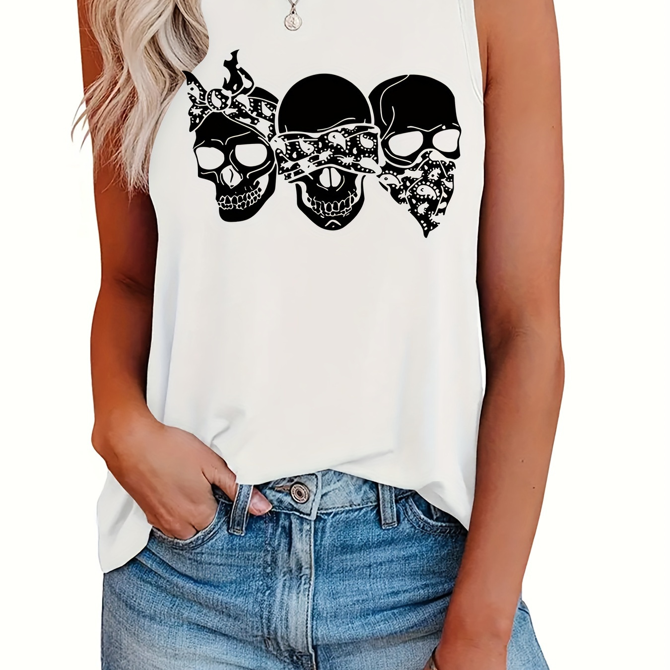 

Plus Size Skull Print Tank Top, Casual Crew Neck Sleeveless Tank Top For Summer, Women's Plus Size clothing