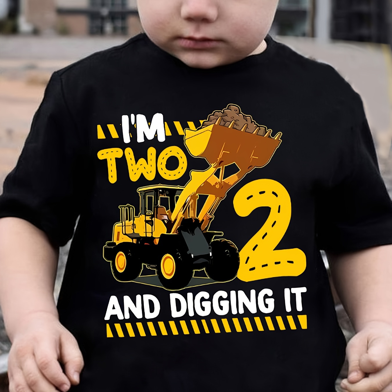

I'm 2 And Digging It & Cartoon Digger Graphic Print Boys Funny Creative T-shirt, Comfortable Crew Neck Top, Kids Summer Clothing