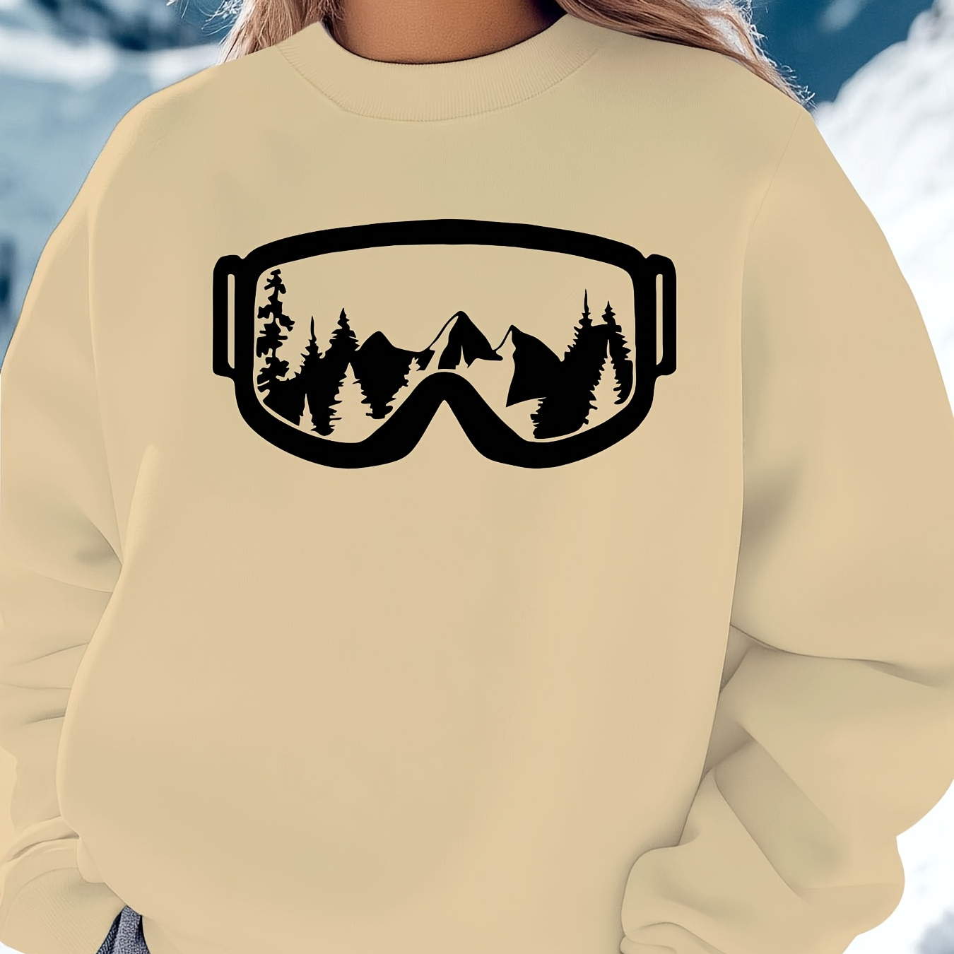 

Women's Ski Graphic Sweatshirt - Cozy Polyester Crew Neck With Black & White Ski Goggles Design, Machine Washable - Winter & Fall, Winter Casual Wear|trendy Ski Apparel|polyester Knit