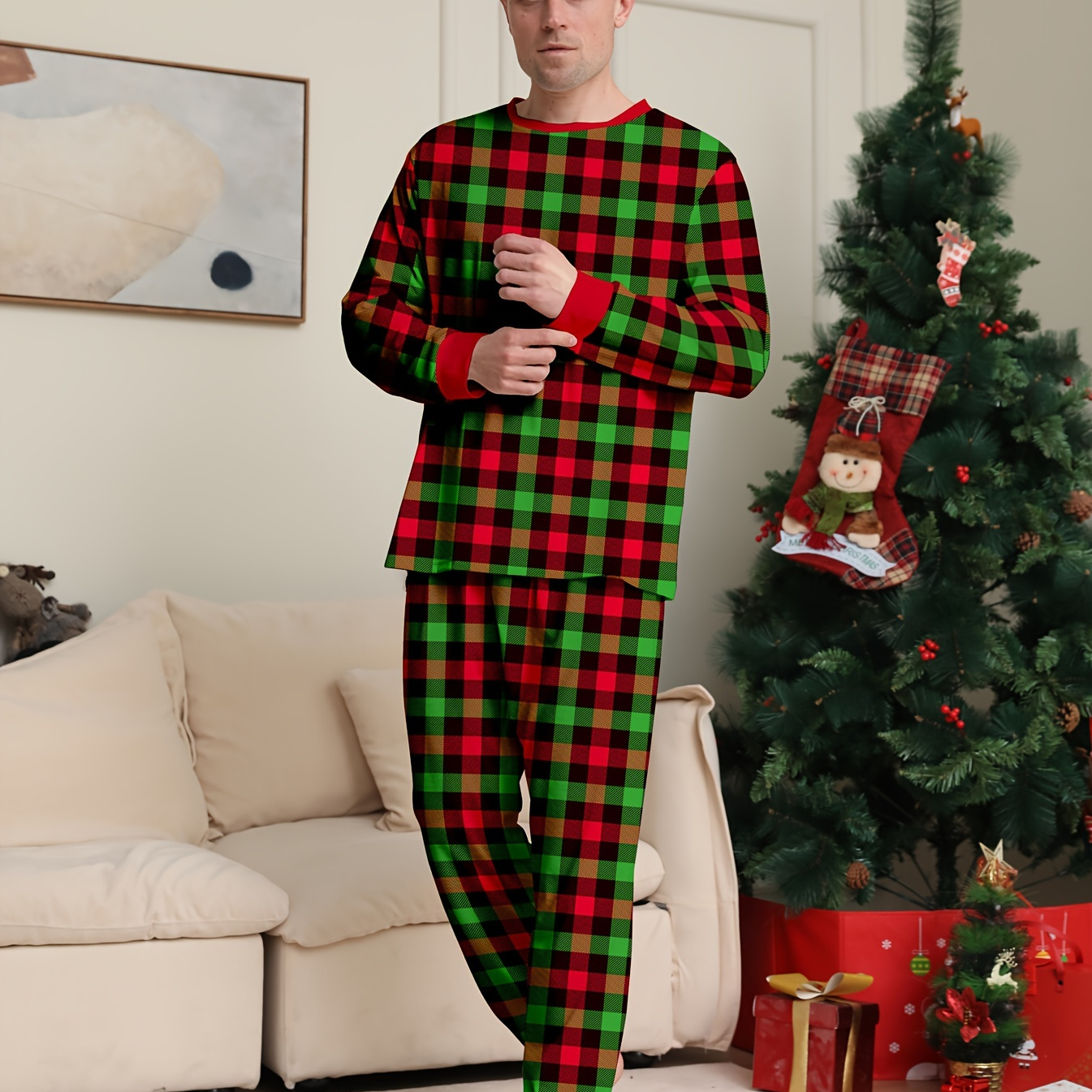 

Men's Trendy Casual Christmas Pajamas Sets, Plaid Graphic Print Long Sleeve Crew Neck Top & Loose Pants Lounge Wear