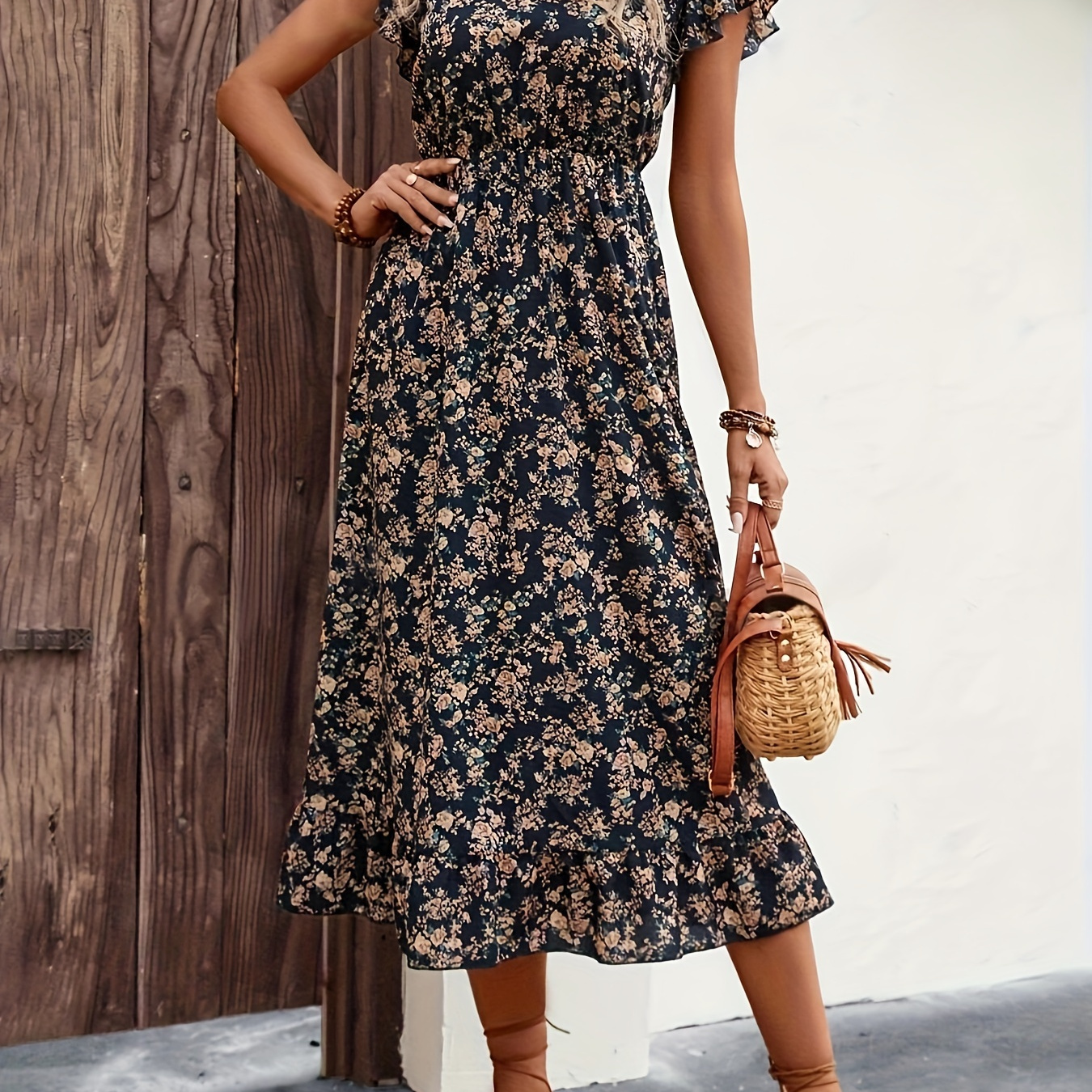 

Floral Print V Neck A-line Dress, Elegant Ruffle Sleeve Dress For Spring & Summer, Women's Clothing