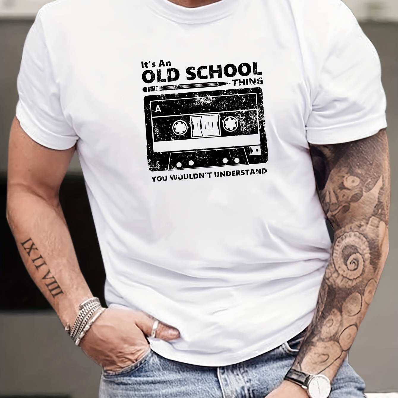 

Old School Tape Graphic Print Men's Creative Top, Casual Short Sleeve Crew Neck T-shirt, Men's Clothing For Summer Outdoor