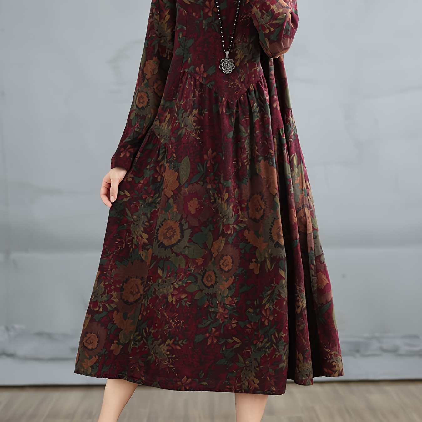 

1pc Vintage Floral Print Linen Sundress For Women - Long Sleeve Round Neck A-line Wrap Dress With Pockets, Non-stretch Woven Fabric, Spring/summer/autumn