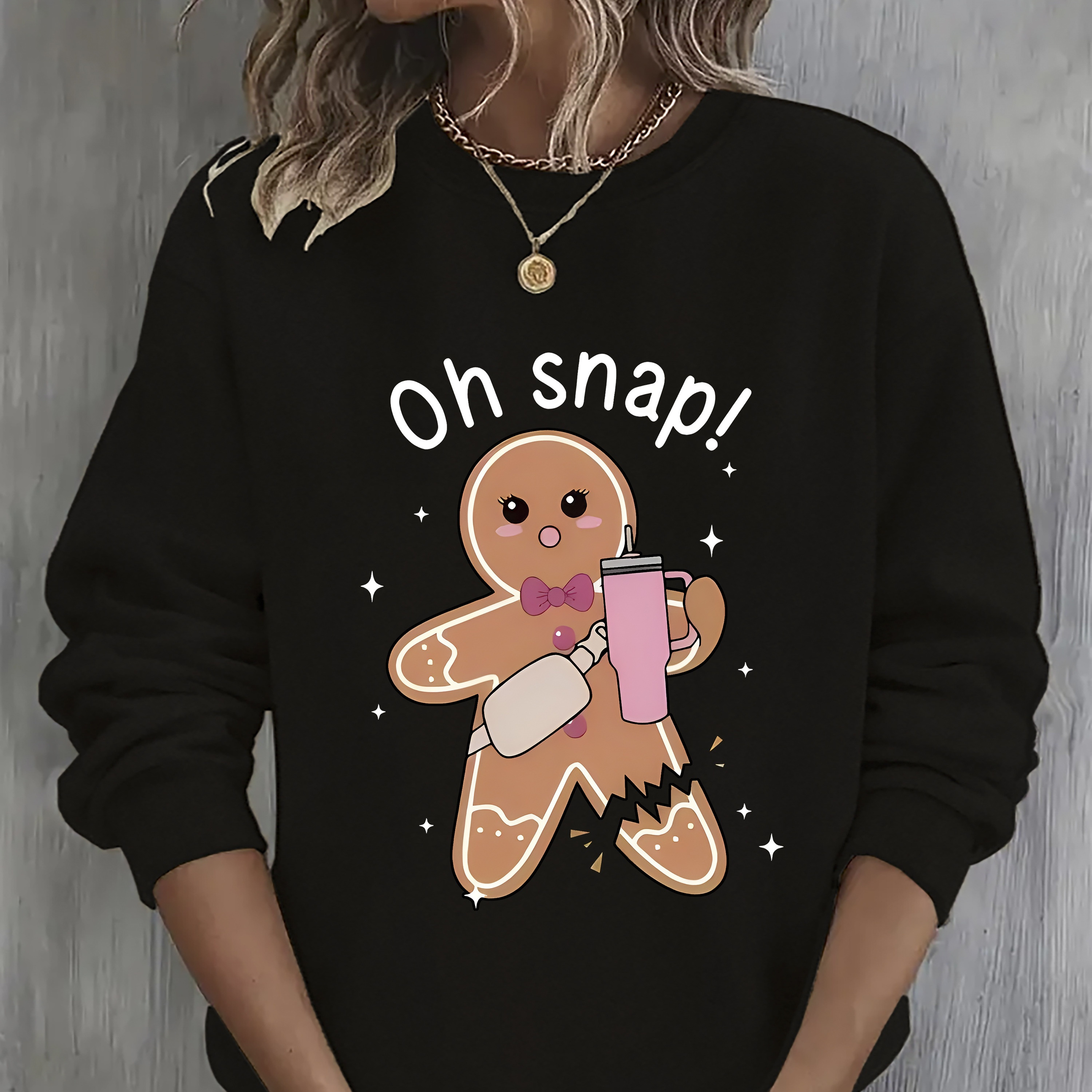 

Women's Casual Crew Neck Sweatshirt With Gingerbread Print - 100% Polyester Knit Fabric, Geometric Pattern, Comfort, Casual Sport Pullover