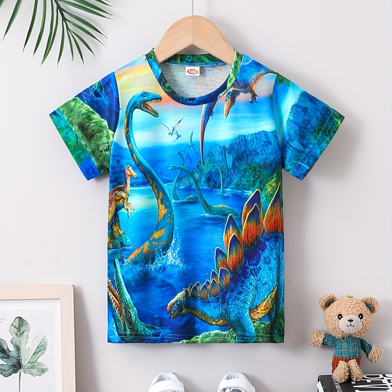

Dinosaur Lake 3d Print Boy's Short Sleeve T-shirt Breathable Loose Fitting Round Neck Creative Pattern Casual Top