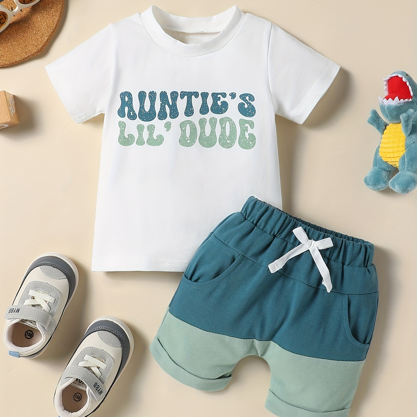 

2pcs Infant & Toddler's "auntie's Lil Dude" Print Summer Set, T-shirt & Casual Color Clash Shorts, Baby Boy's Clothes