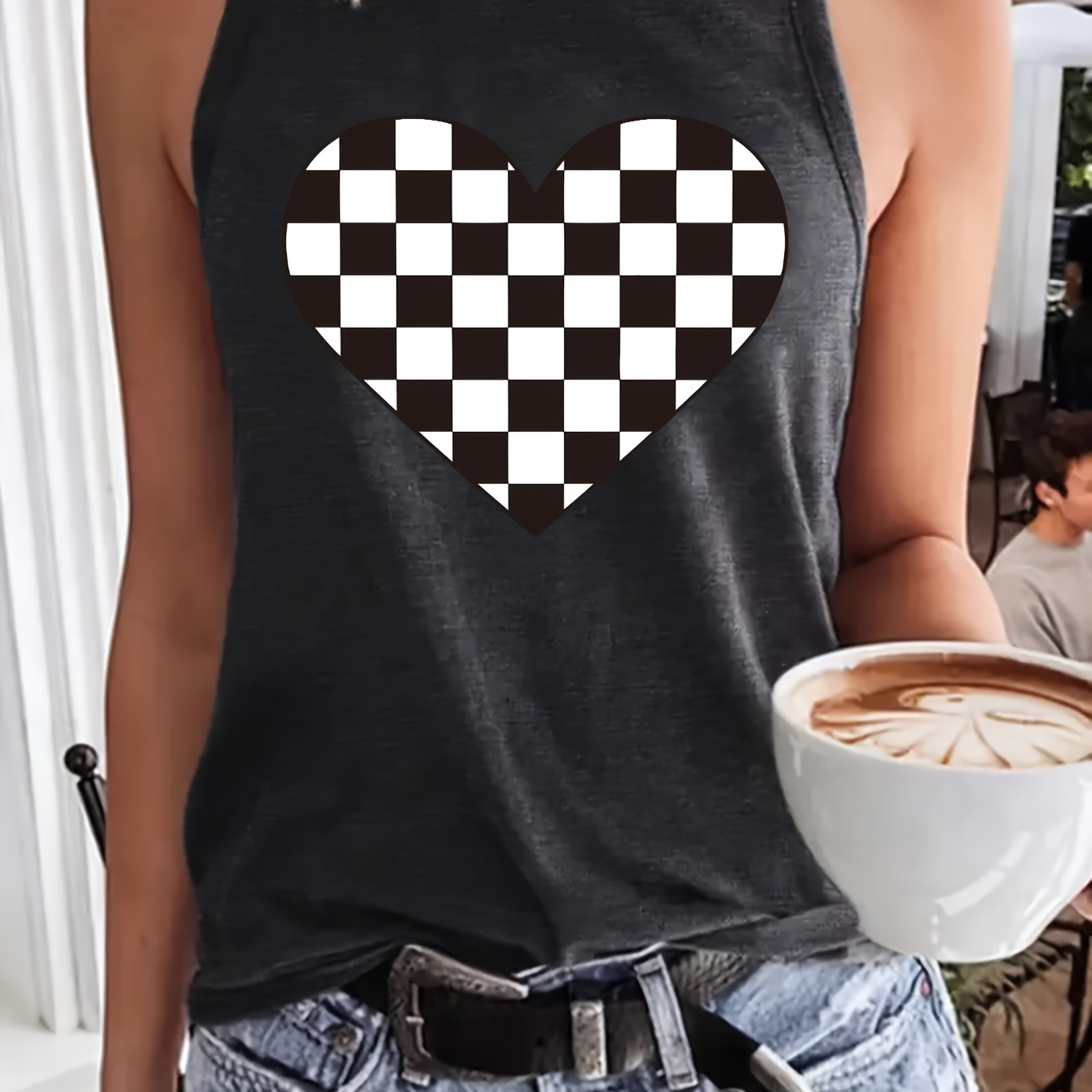 

Women's Casual Sleeveless Tank Top With Heart Checkerboard Print, Polyester 95% Elastane 5% Knit Fabric, Crew Neck, Medium Stretch, Regular Length, Spring/summer/fall Vest - Applique Detail