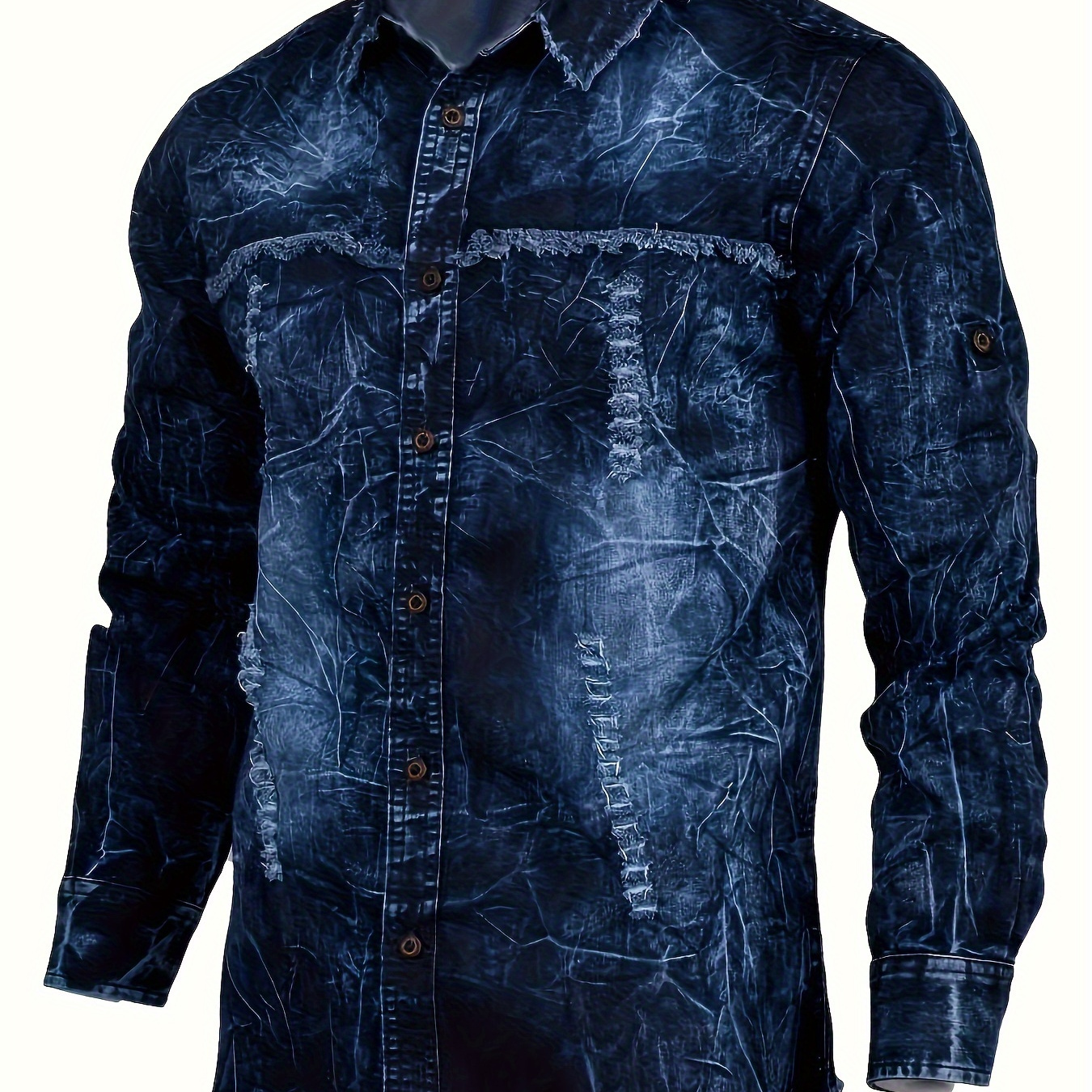 

Men's Tie Dye Frayed Denim Shirt, Casual Lapel Button Up Cotton Blend Slim-fit Long Sleeve Shirt For Outdoor Activities