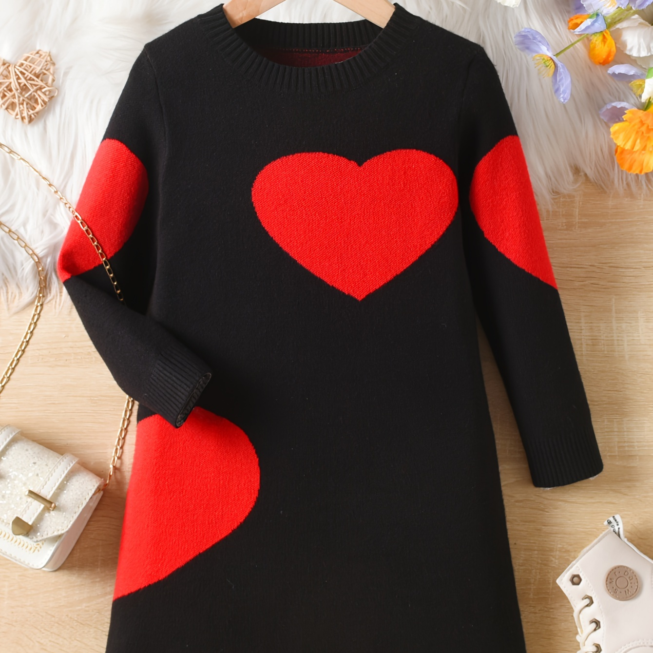 

Girls Warm & Comfy Long Sleeve Hearts Pattern Knitted Sweater Dress For Spring & Fall