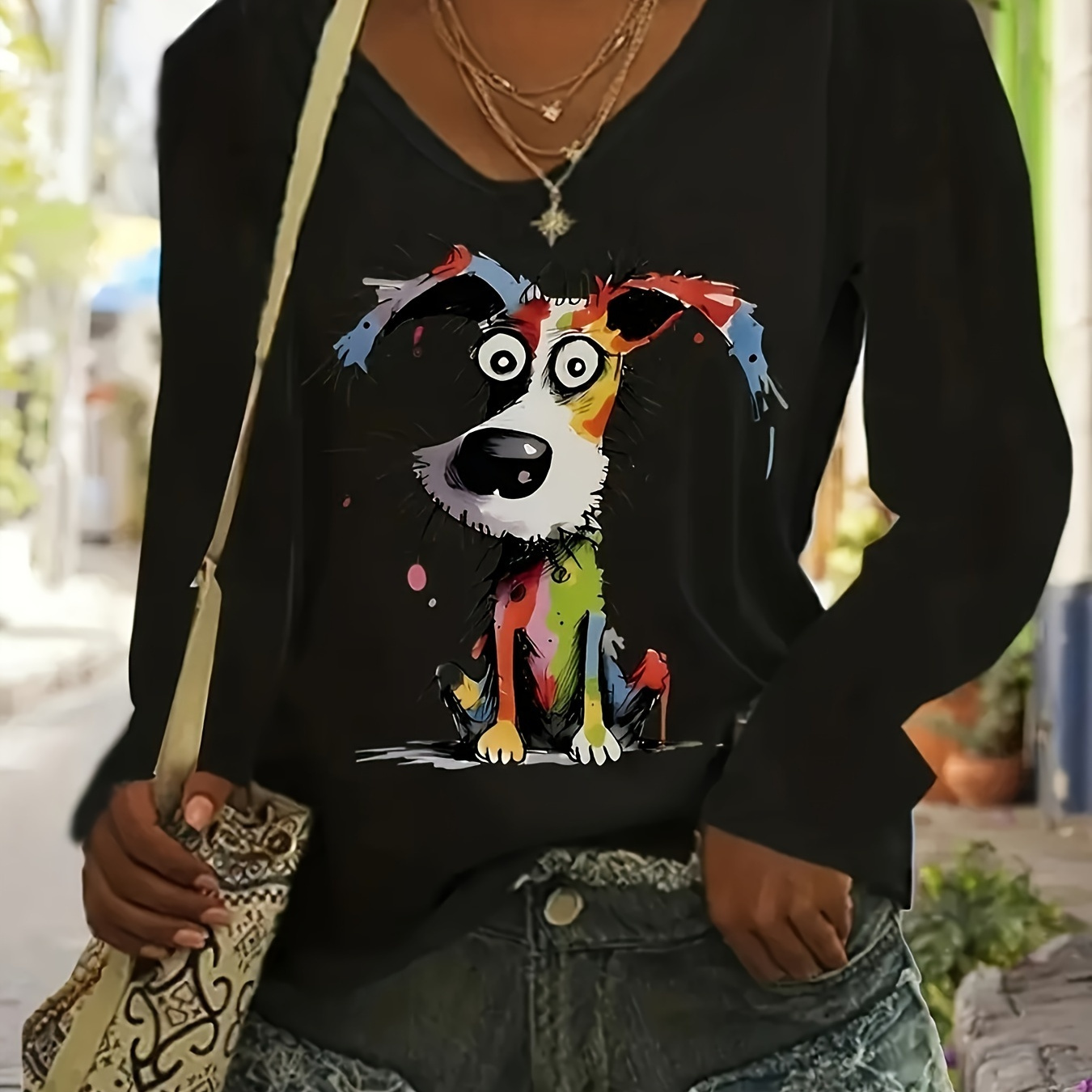 

Chic V-neck Long Sleeve T-shirt For Women - Casual Puppy Print, Stretchy Polyester , Machine Washable - Spring & Fall