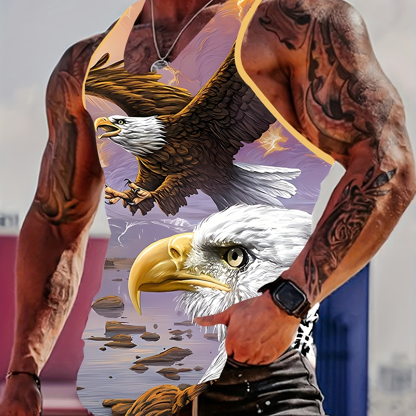 

Trendy Men's Tank Top For Summer Outdoor Indoor, Casual Realistic Eagle Pattern Slightly Stretch Crew Neck Graphic Sleeveless Top