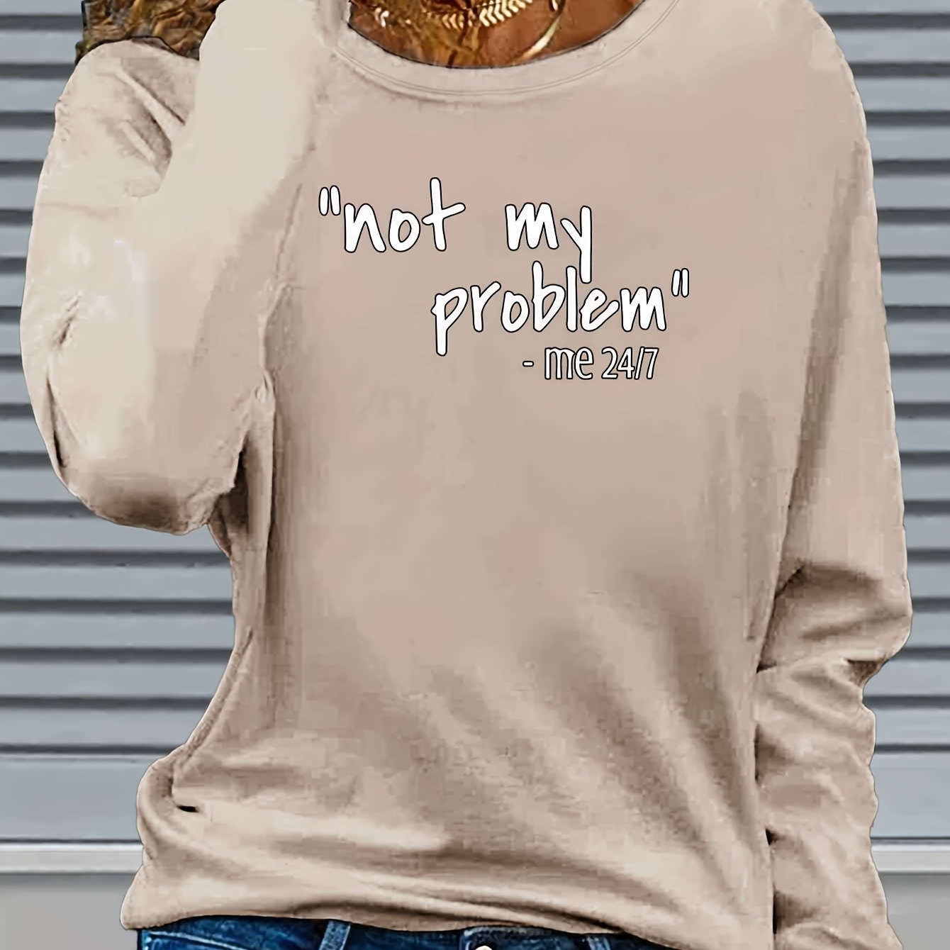 

Chic 'not My Problem' Letter Print Long Sleeve T-shirt For Women - Casual Crew Neck, Polyester, Machine Washable - Fall/winter