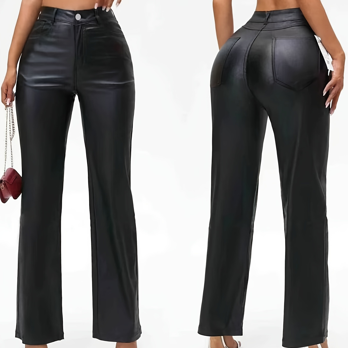 

Pu Leather Dual Pockets Straight Leg Pants, Casual & Versatile High Waist Pants For Spring & Fall, Women's Clothing