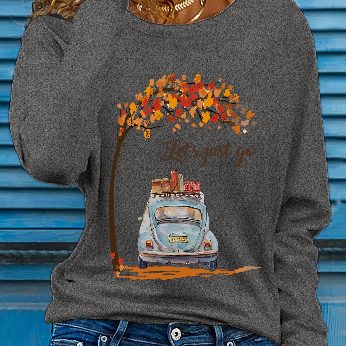 

Women's Casual Crew Neck Long Sleeve T-shirt With Vintage Car And Autumn Tree Applique, 100% Polyester Knit Fabric, Regular Fit Fall Top