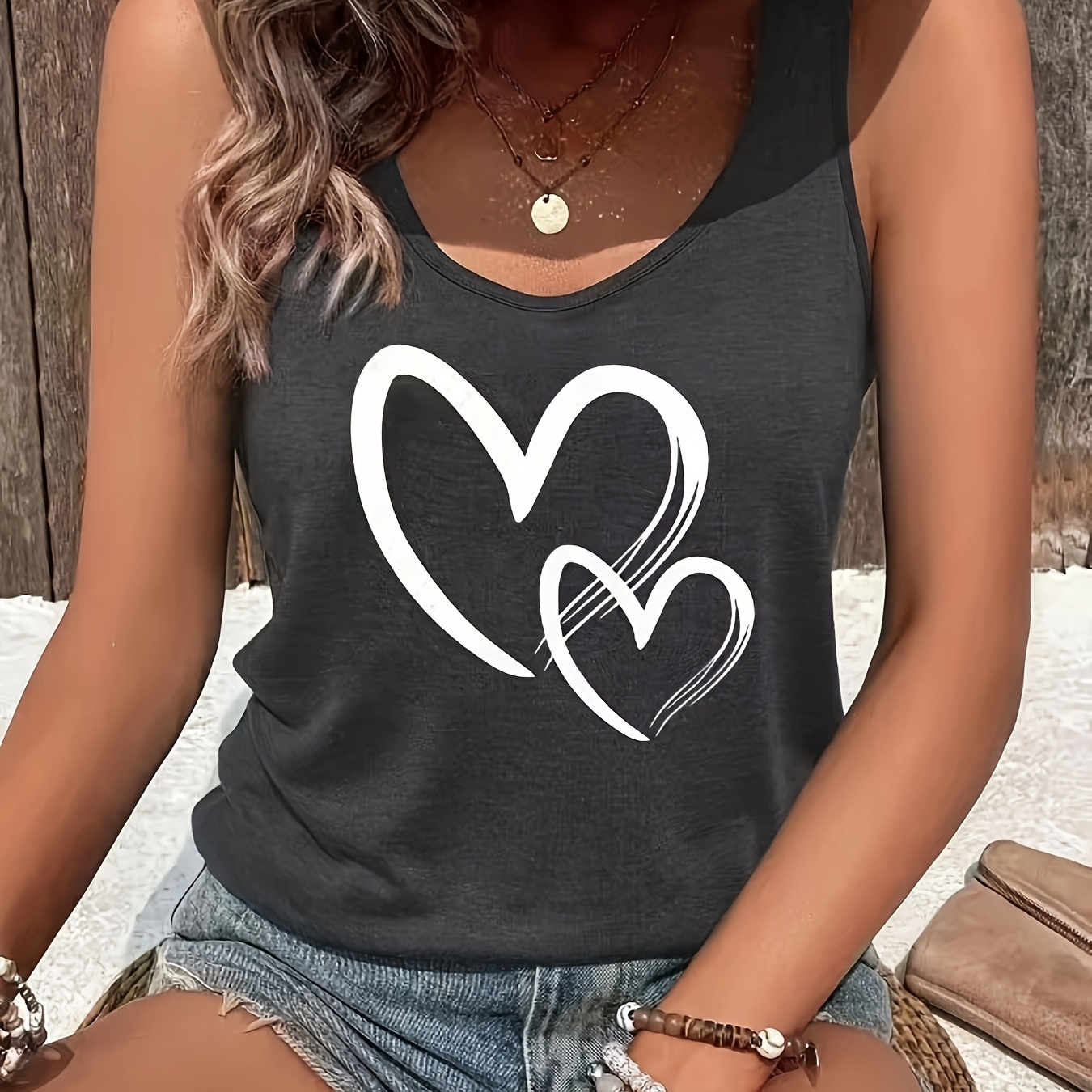 

Heart Print Tank Top, Casual Sleeveless Tank Top For Summer, Women's Clothing