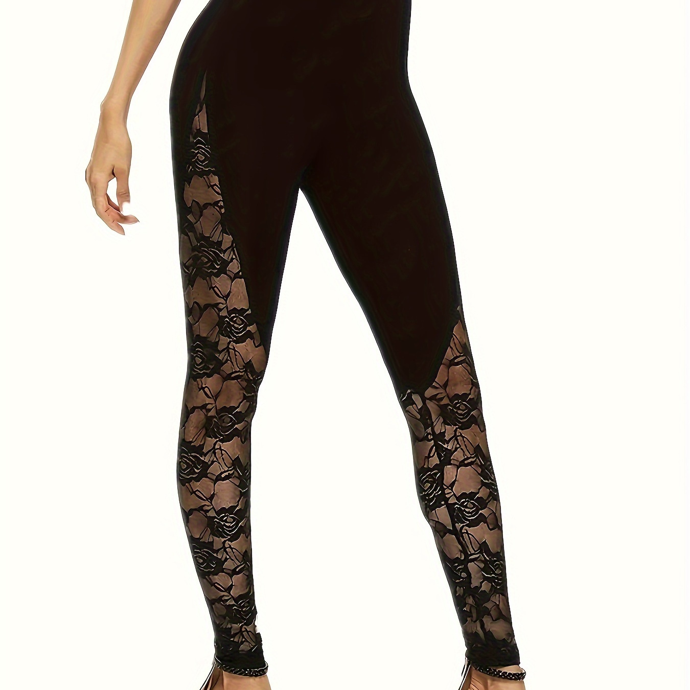 

Leggings sexy pour femmes, grande taille avec dentelle rose contrastée, taille haute et coupe skinny à moyenne élasticité