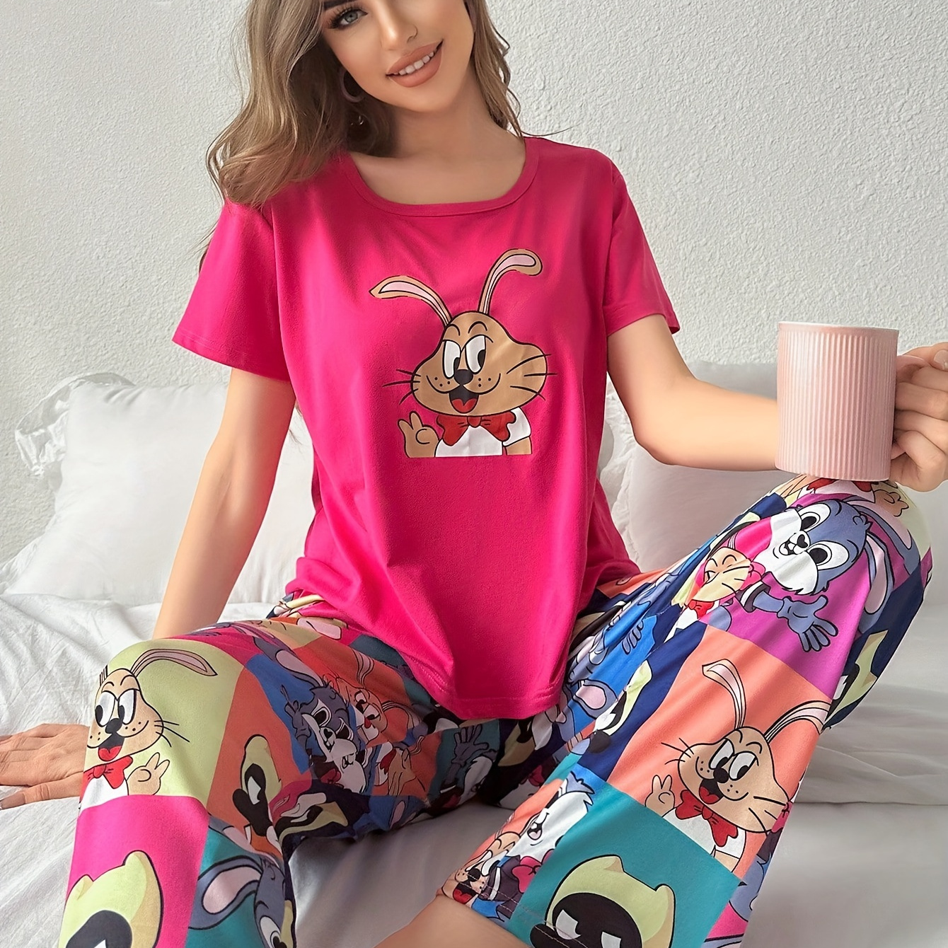 

Women's Cute Cartoon Print Pajama Set, Short Sleeve Round Neck Top & Pants, Comfortable Relaxed Fit