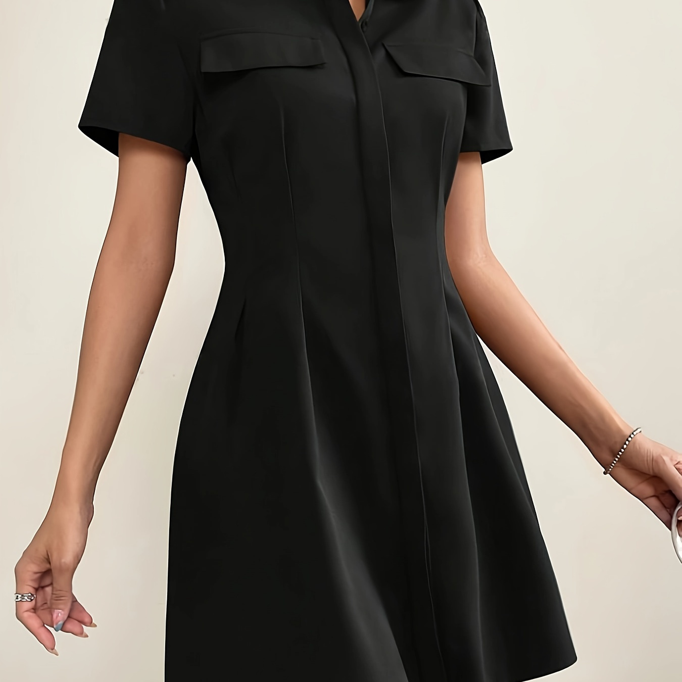 

Button Front V Neck Solid Dress, Elegant Short Sleeve Dress For Spring & Summer, Women's Clothing