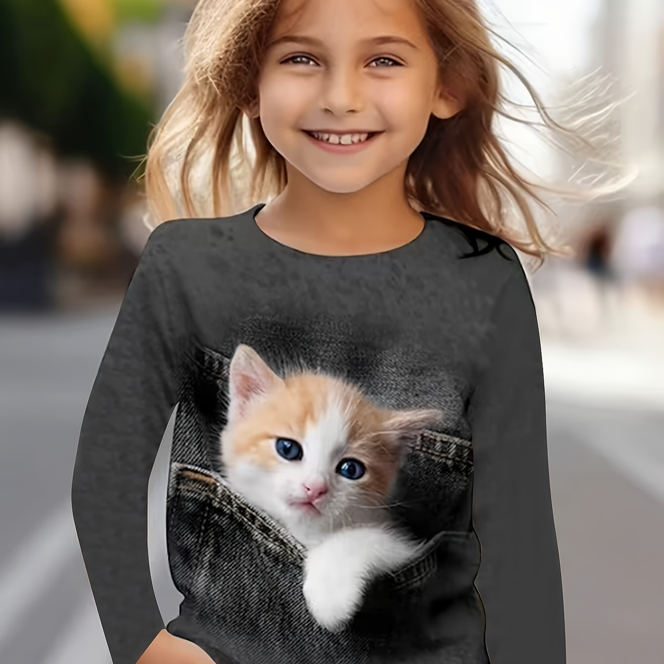 

Adorable 3d Cat Print Long Sleeve T-shirt For Girls - Soft, Stretchy Polyester , Machine Washable - All