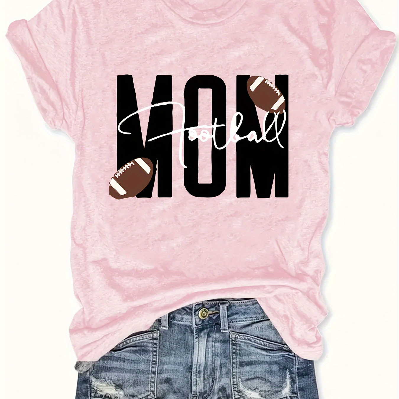 

Plus Size Mom & Football Print T-shirt, Casual Short Sleeve Crew Neck Top For Spring & Summer, Women's Plus Size Clothing