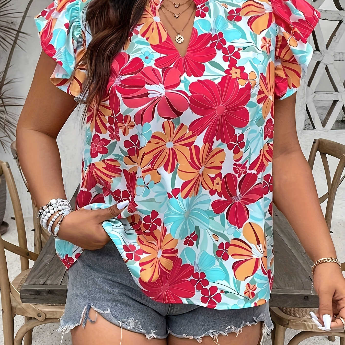 

Plus Size Floral Print Flutter Sleeve Blouse, Vacation Style Notched Neck Blouse For Spring & Summer, Women's Plus Size Clothing