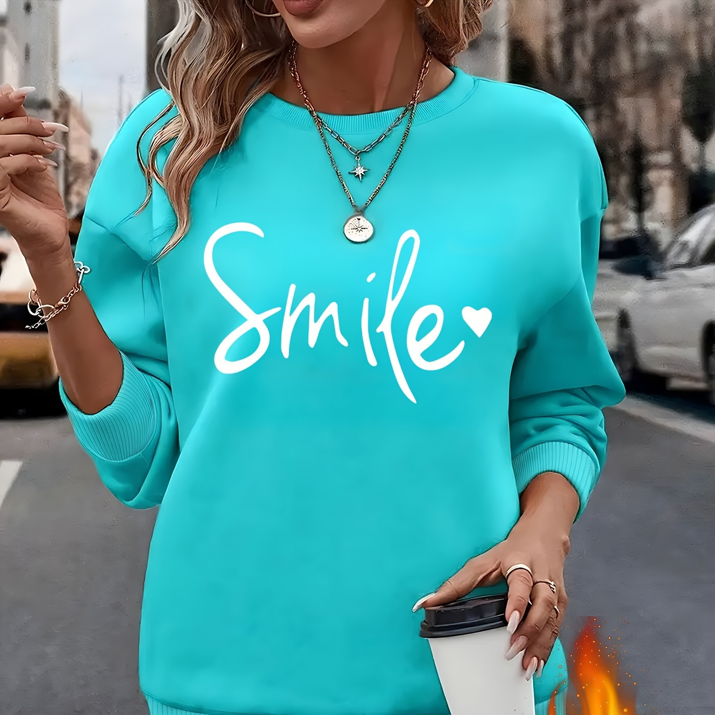 

1pc Elegant Women's Crew Neck Sweatshirt With Smile , 100% Polyester Knit Fabric, Long Sleeve Pullover For All