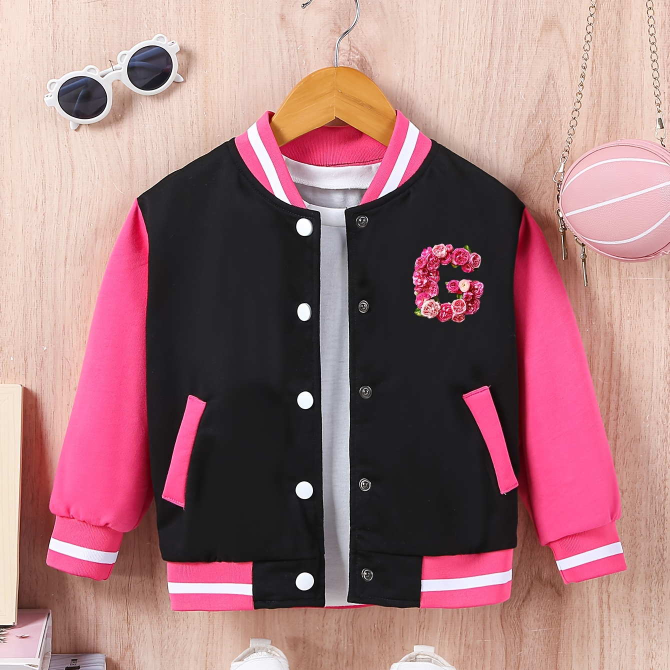 

Girls' Varsity-style Floral Letter G Bomber Jacket, Fashionable Spring/fall Outerwear, Striped Trim