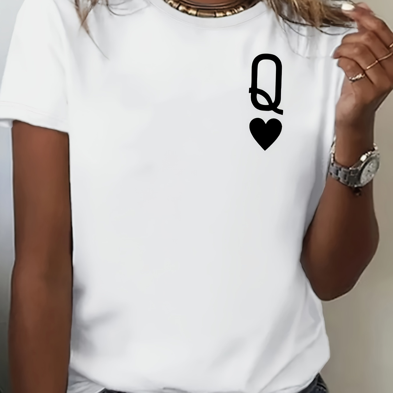 

Women's Round Neck T-shirt, Casual Short Sleeve Poker Queen Print Top, Spring Summer Fashion Tee For Ladies
