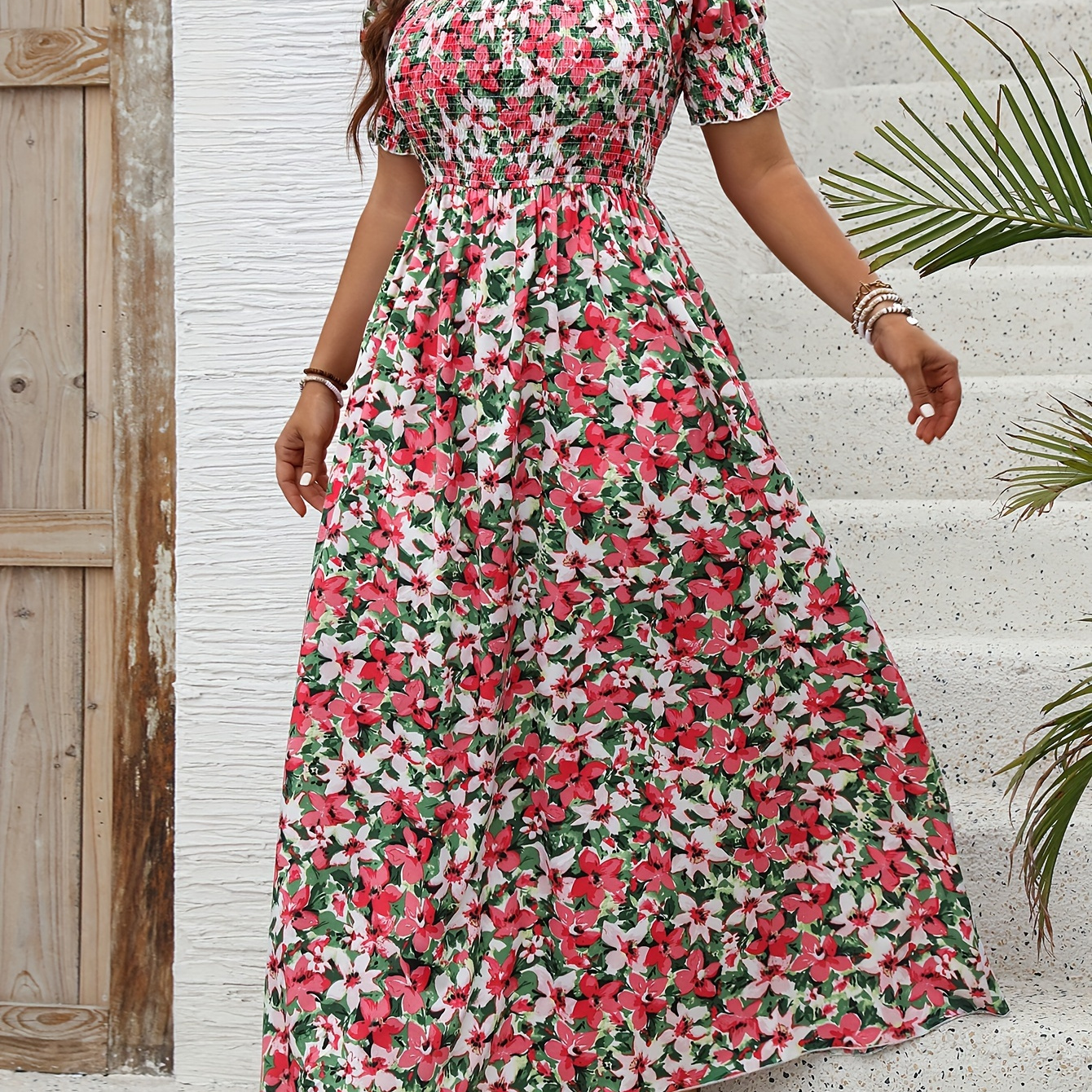 

Plus Size Floral Print Shirred Dress, Vacation Style Maxi Short Sleeve Square Neck Dress For Spring & Summer, Women's Plus Size Clothing