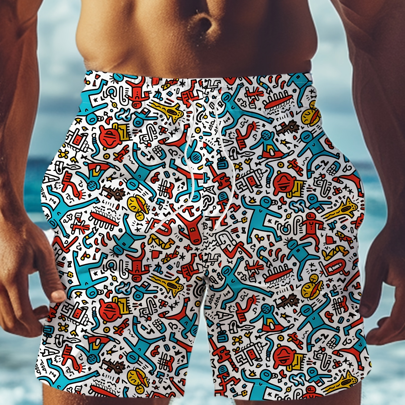 

Trendy Drawing Random Pattern Print Men's Summer Breathable Beach Shorts With Drawstring, Loose Casual Shorts Comfy Sports Shorts For Spring Summer Outdoor Fitness Holiday