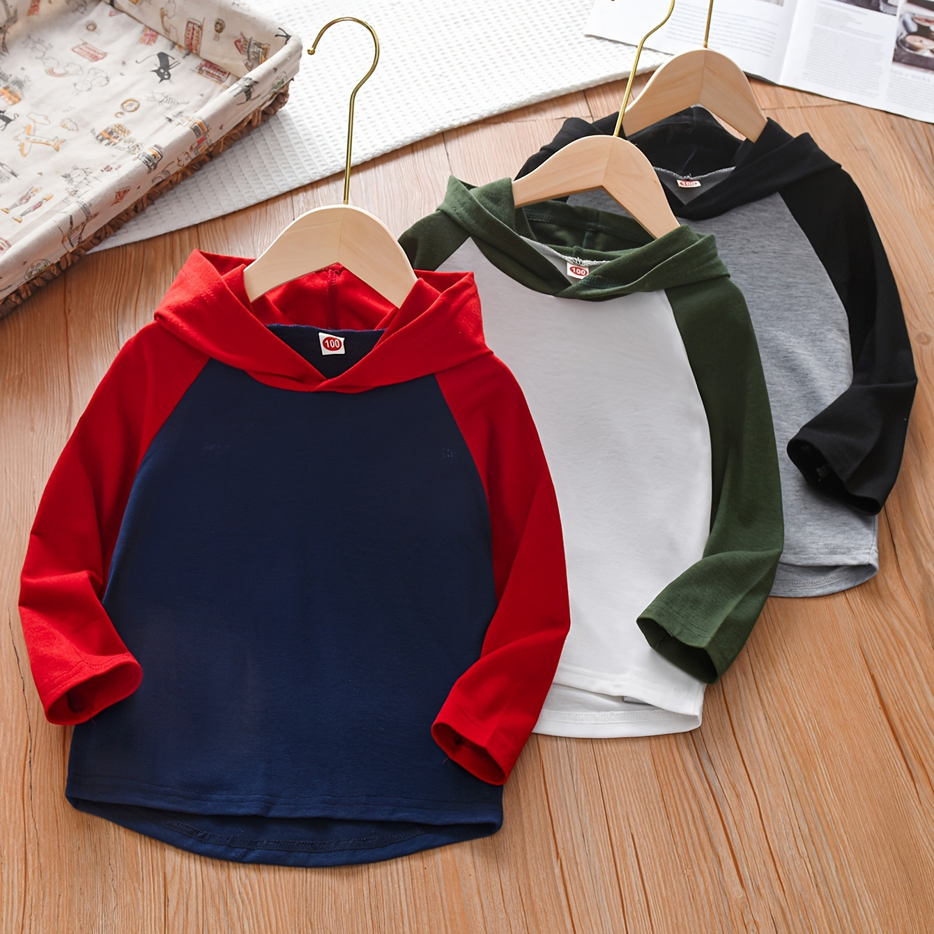 

3pcs Boy's Color Block Hoodies, Long Sleeve Cozy Tops For Spring And Autumn, Comfy For Outdoor Jogging Casual Activities