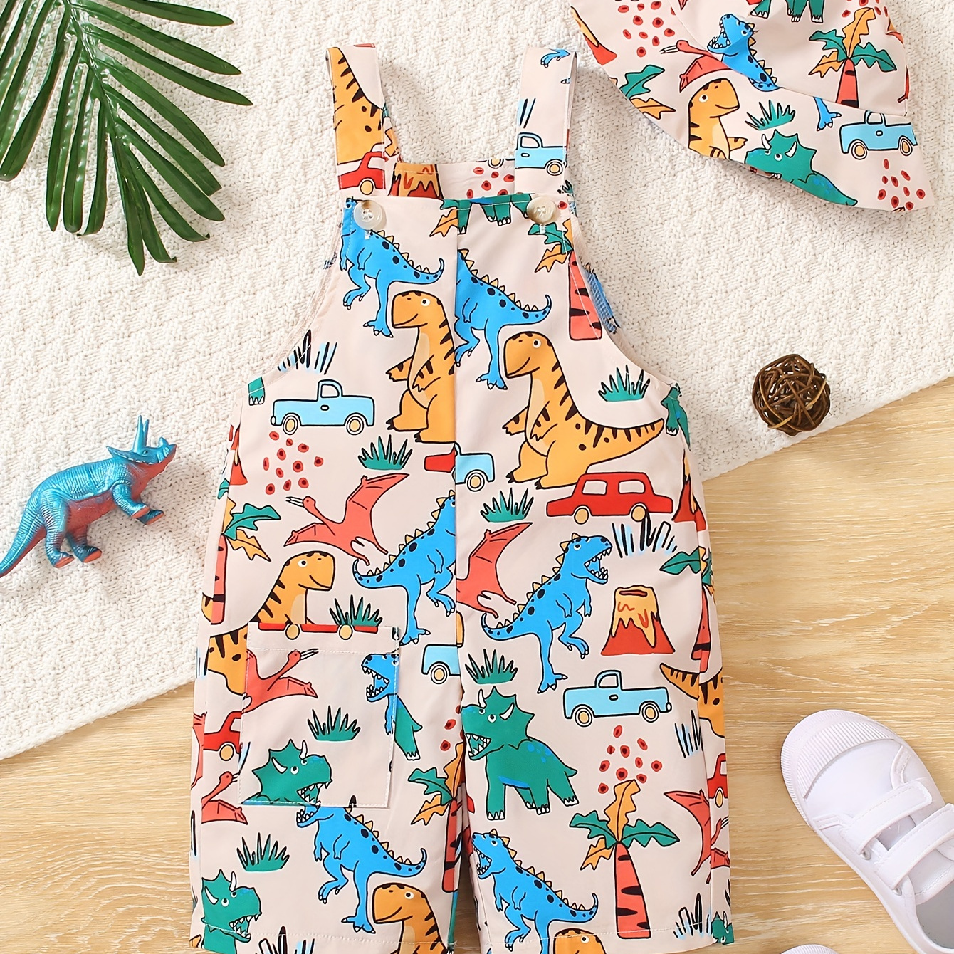 

Baby Boys Cartoon Dinosaur Pattern Cute Suspender Pants & Hat Set, 2pcs Toddlers Summer Outdoor Daily Wear