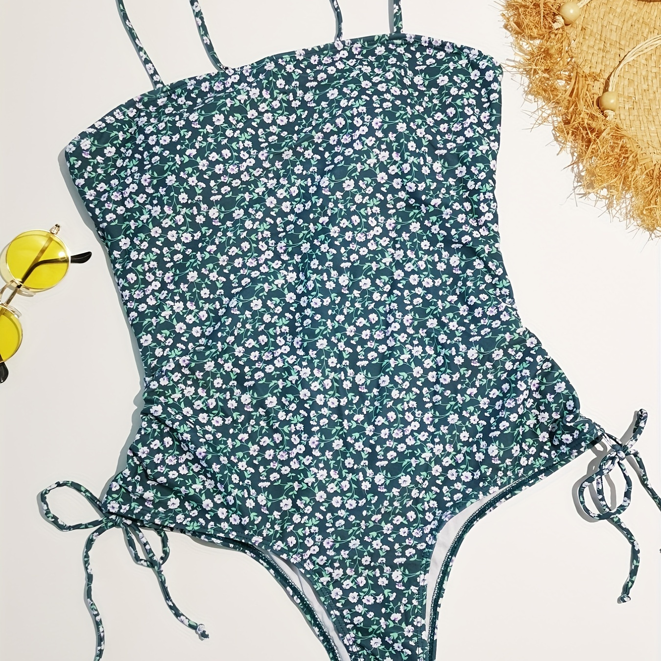 

Ditsy Floral Spaghetti Straps Tie Side Beachwear, Square Neck High Cut Plants Print 1 Piece Swimsuit, Cute Sexy Style, Women's Swimwear & Clothing